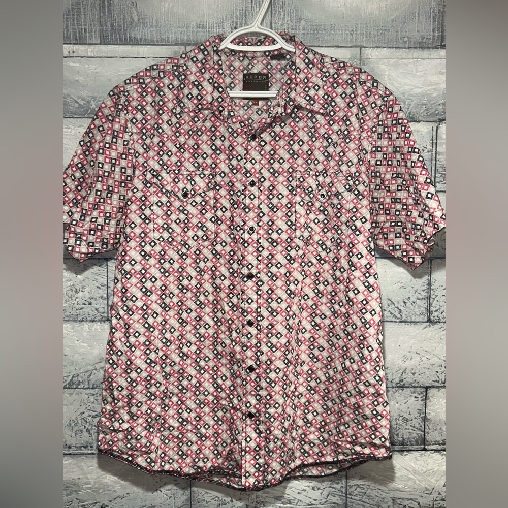 Roper Western Shirt Mens Short Sleeve Button Up XL Geometric Black/Red Pattern